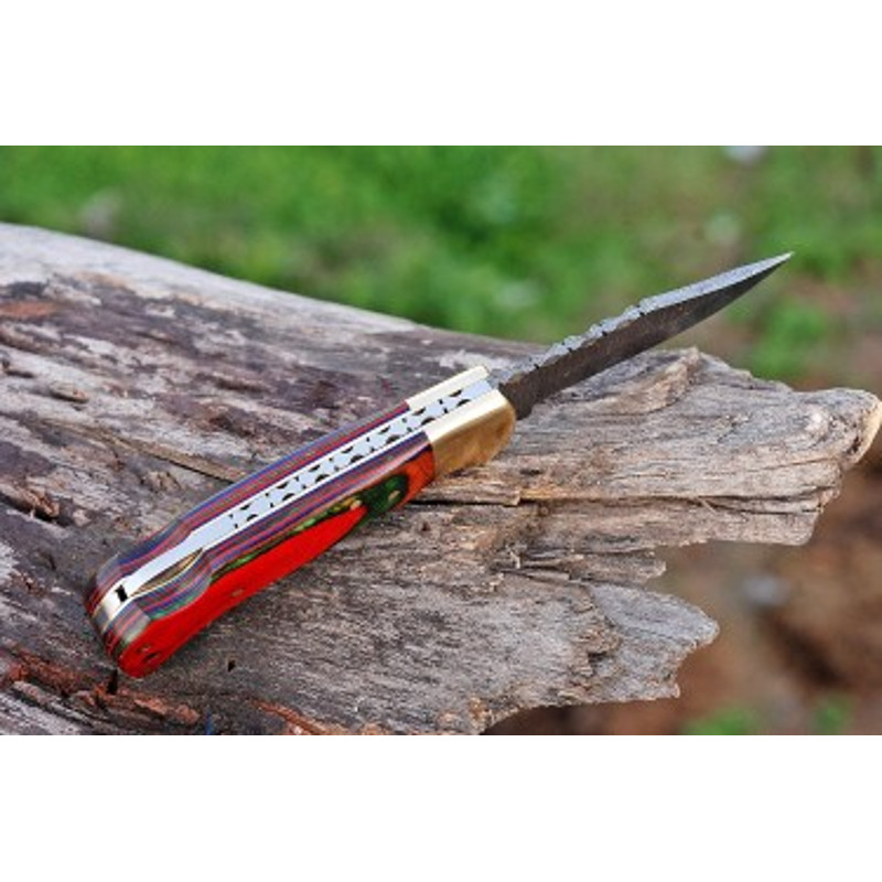 Handmade Damascus Steel Pocket Knife Dollar Sheathe Brass Handle With Leather Sheathe Gift For USA Fathers Day Gift 3