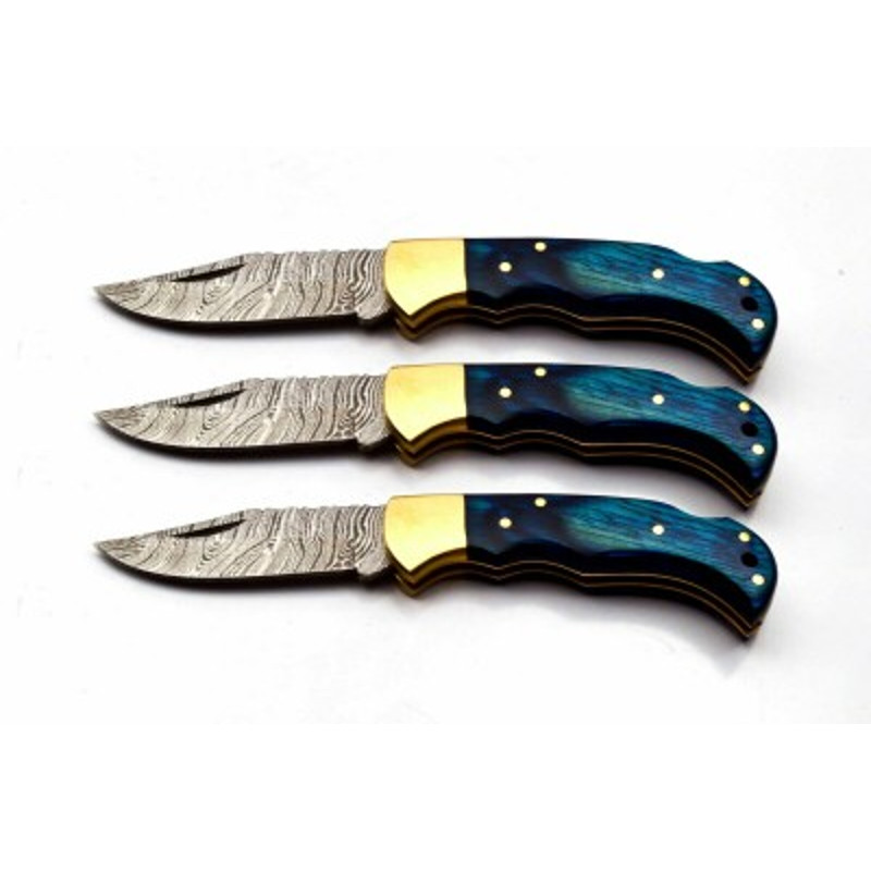 Handmade Damascus Steel Pocket Knife 5 PEC LOT OF Folding Knife Wood  Brass Handle With Leather Sheathe Gift For USA 1
