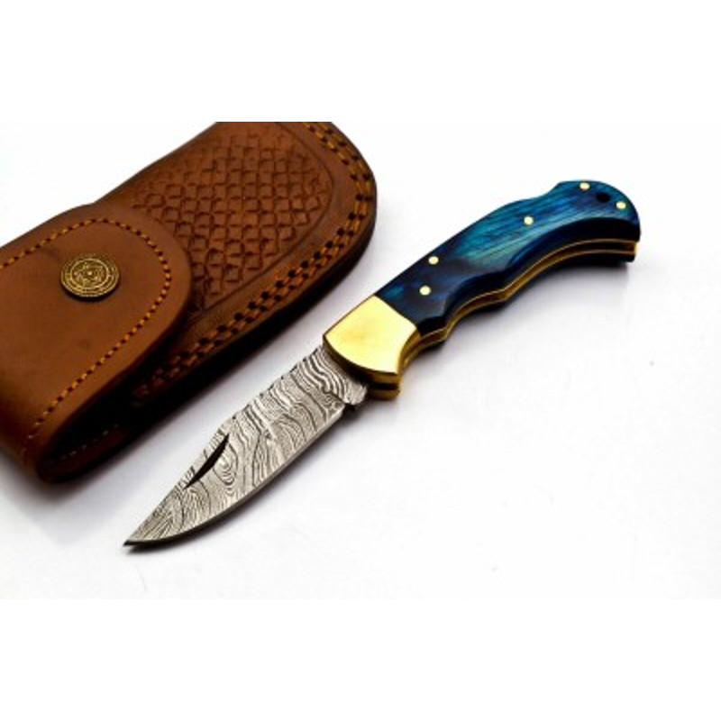 Handmade Damascus Steel Pocket Knife 5 PEC LOT OF Folding Knife Wood  Brass Handle With Leather Sheathe Gift For USA 2