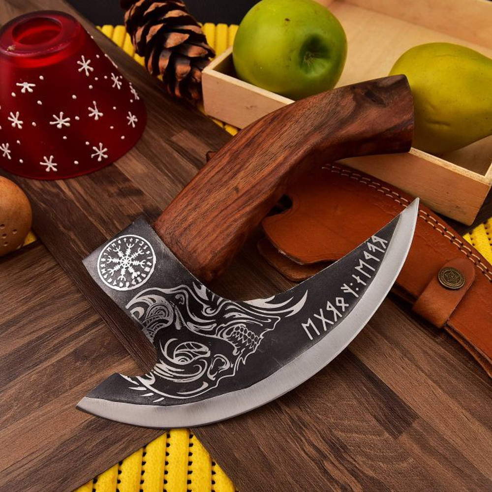 Handmade Carbon Steel Viking Axe Pizza Cutter Axe Wood Handle With Leather Sheathe Gift For USA Fathers Day Gift 0