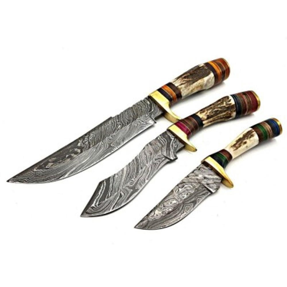 Handmade Damascus Steel Hunting Knife Skinner Knife Bowie Knife 3 PEC LOT OF KNIFE Stag Horn Brass Handle With Leather 1