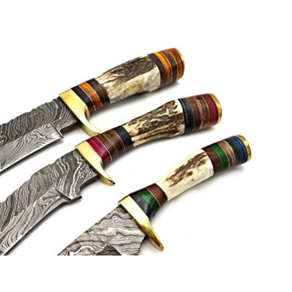 Handmade Damascus Steel Hunting Knife Skinner Knife Bowie Knife 3 PEC LOT OF KNIFE Stag Horn Brass Handle With Leather 2
