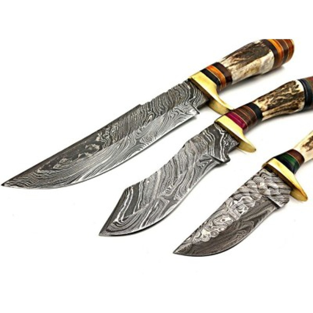 Handmade Damascus Steel Hunting Knife Skinner Knife Bowie Knife 3 PEC LOT OF KNIFE Stag Horn Brass Handle With Leather 3