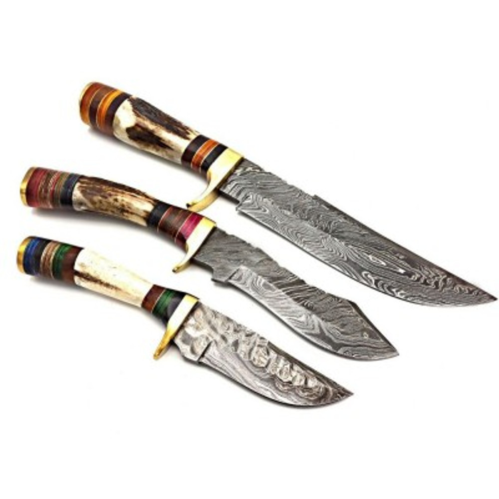 Handmade Damascus Steel Hunting Knife Skinner Knife Bowie Knife 3 PEC LOT OF KNIFE Stag Horn Brass Handle With Leather 4