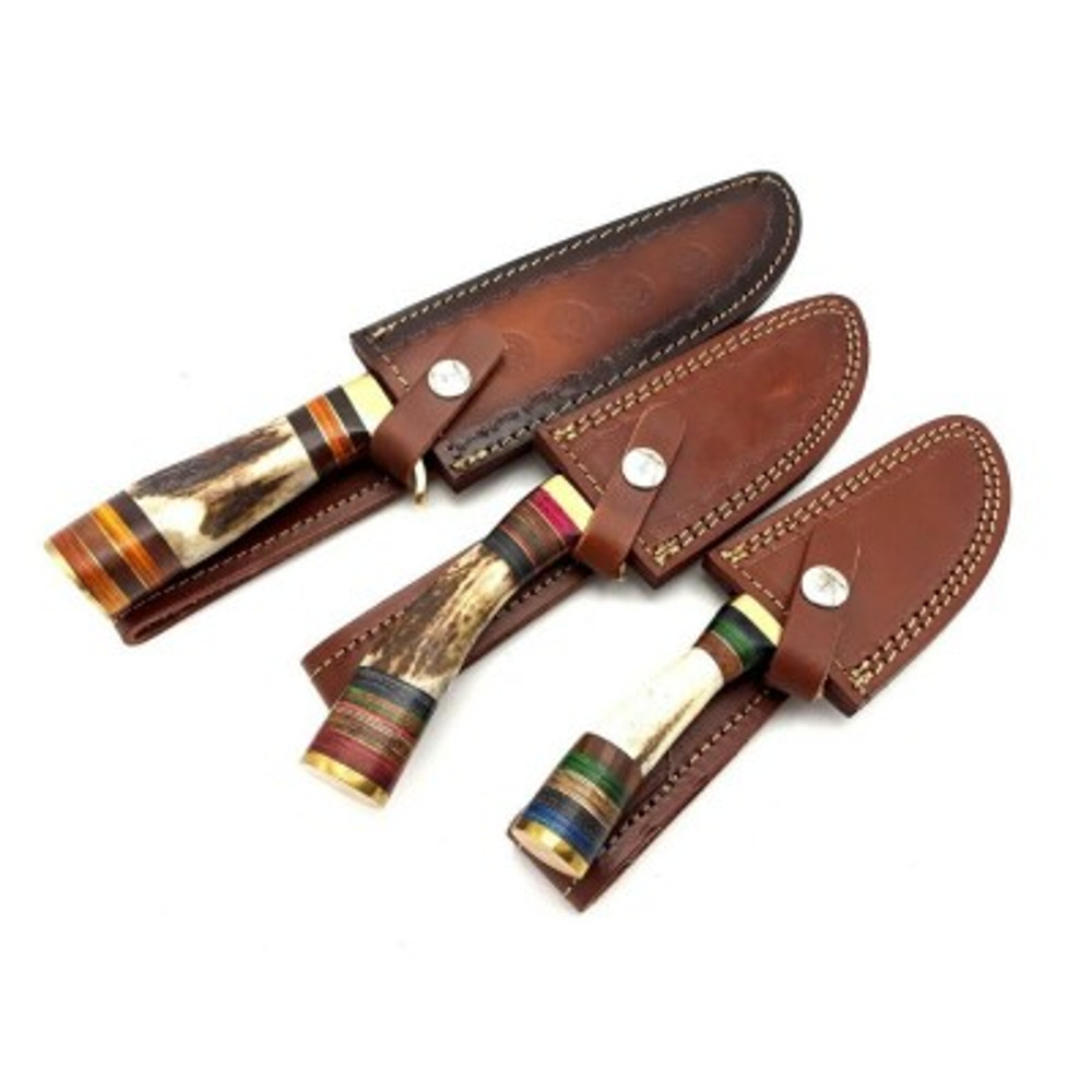 Handmade Damascus Steel Hunting Knife Skinner Knife Bowie Knife 3 PEC LOT OF KNIFE Stag Horn Brass Handle With Leather 5