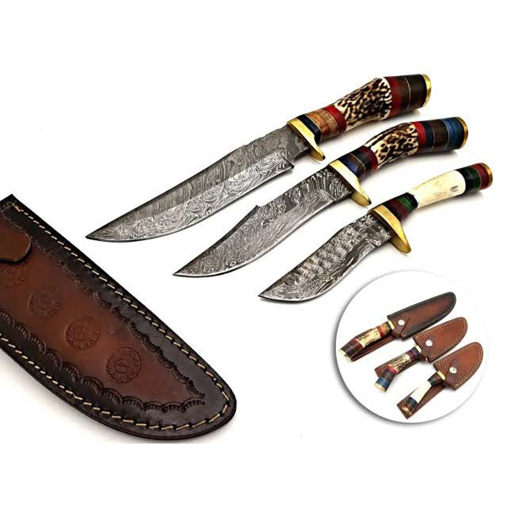 Handmade Damascus Steel Hunting Knife Skinner Knife Bowie Knife 3 PEC LOT OF KNIFE Stag Horn Brass Handle With Leather 0