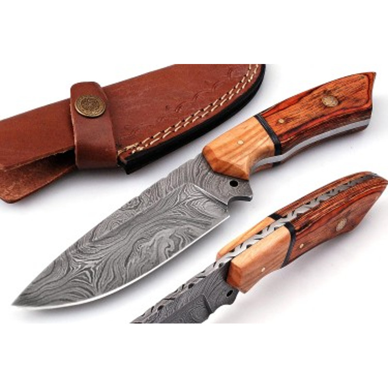 Handmade Damascus Steel Skinner Knife Olive Wood Handle With Leather Sheathe Gift For USA Fathers Day Gift For Men 0