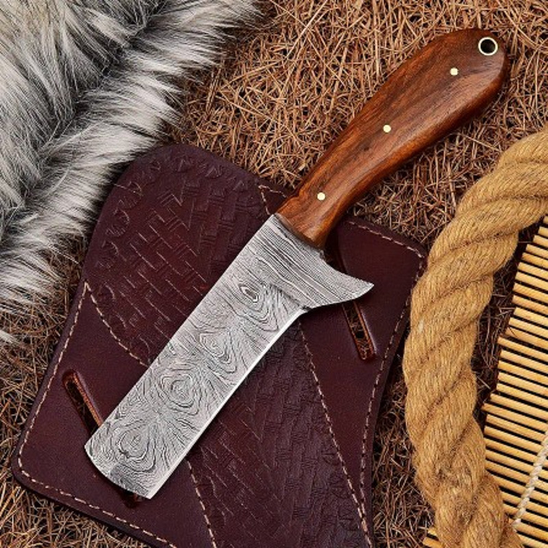 Handmade Damascus Steel Bull Cutter Knife Hunting Knife Wood Handle With Leather Sheathe Gift For USA Fathers Day Gift 0