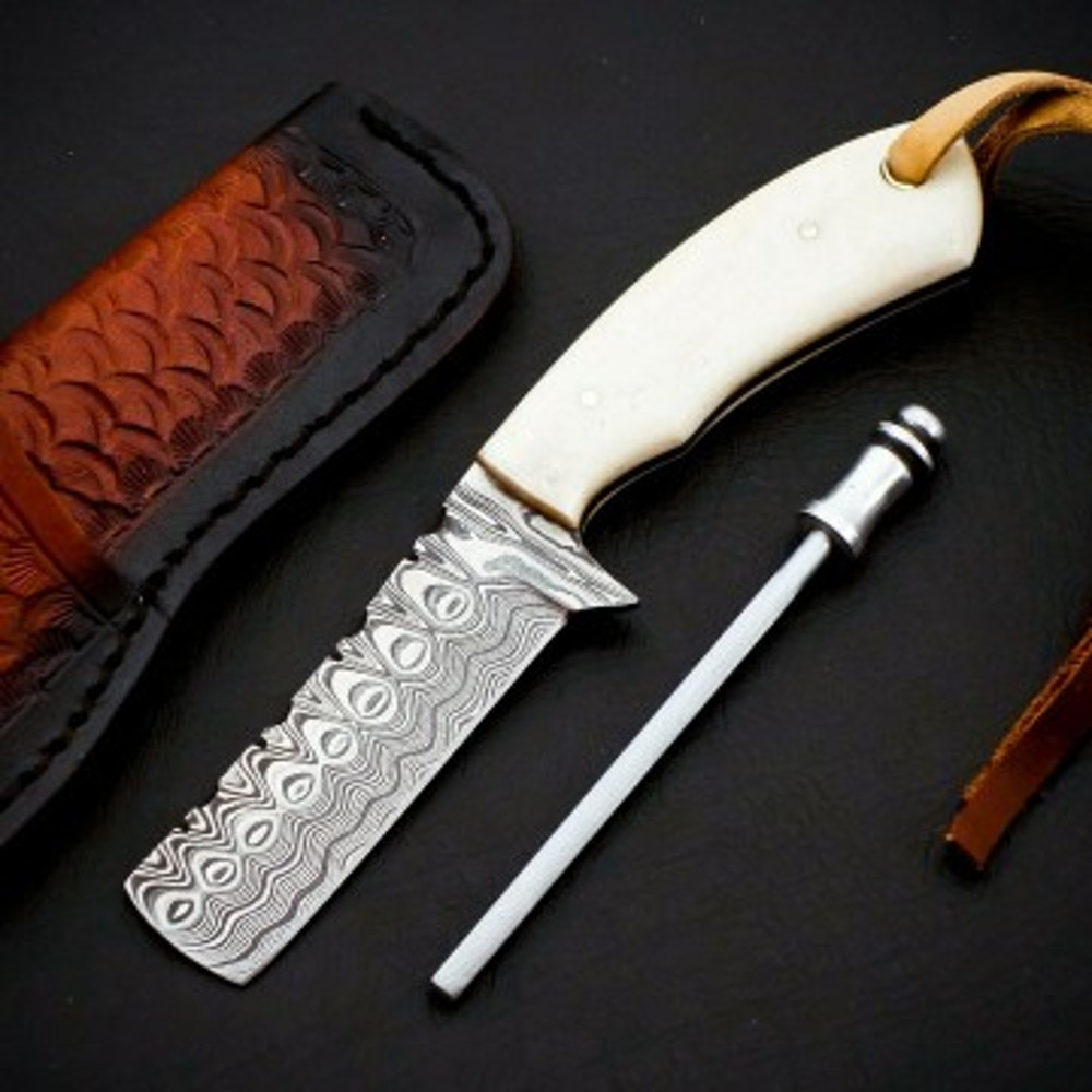 Handmade Damascus Steel Bull Cutter Knife Camel Bone Handle With Leather Sheathe Gift For USA Fathers Day 0