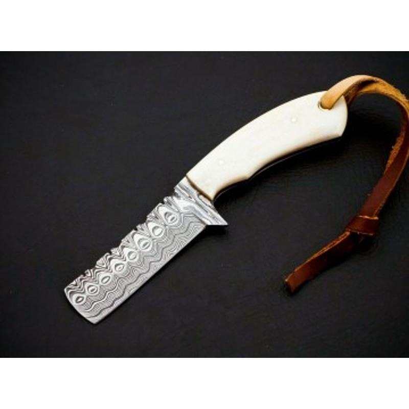 Handmade Damascus Steel Bull Cutter Knife Camel Bone Handle With Leather Sheathe Gift For USA Fathers Day 1