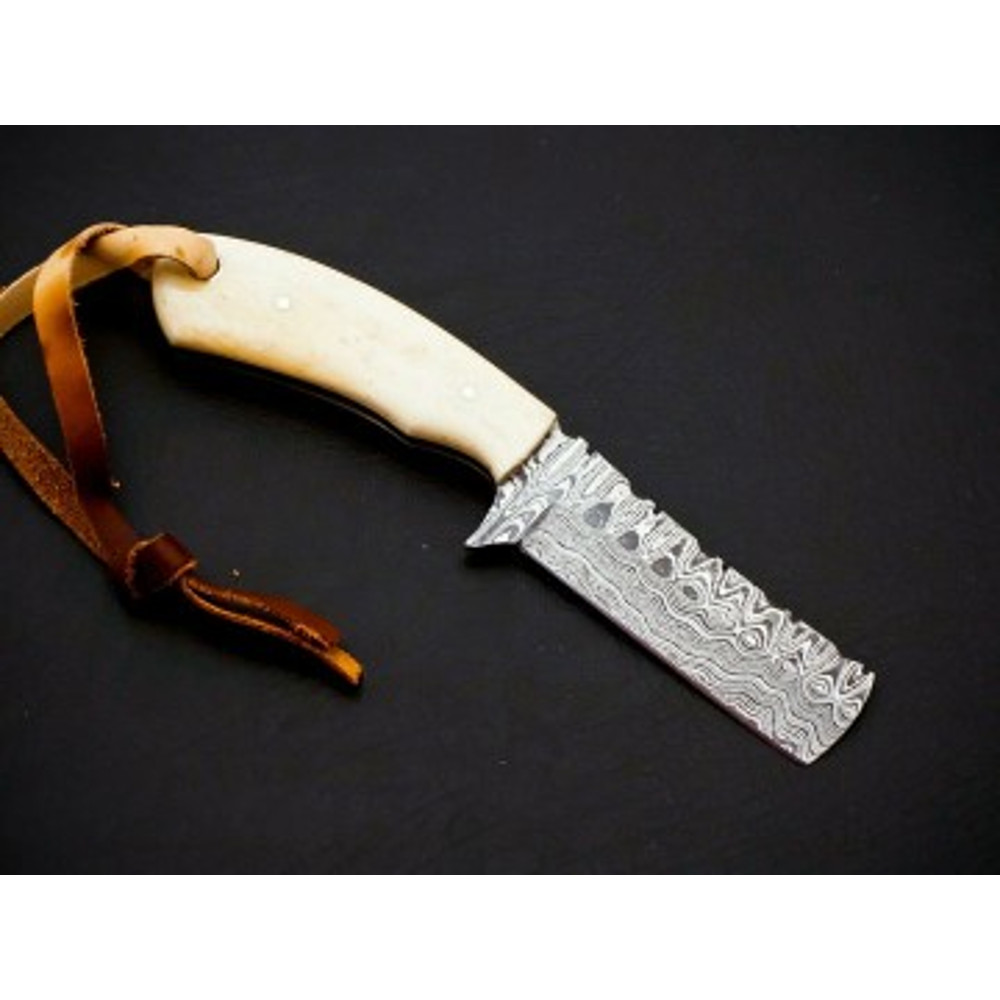 Handmade Damascus Steel Bull Cutter Knife Camel Bone Handle With Leather Sheathe Gift For USA Fathers Day 2