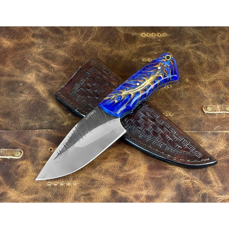 Handmade D2 Steel Skinner Knife Sharp Blade Resin Handle With Leather Sheathe Gift For USA Fathers Day Gift For Men 0