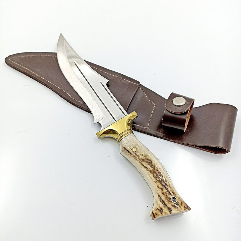 Handmade D2 Steel Skinner Knife Stag Horn  Brass Clip Handle With Leather Sheathe Gift For USA Fathers Day Gift 6
