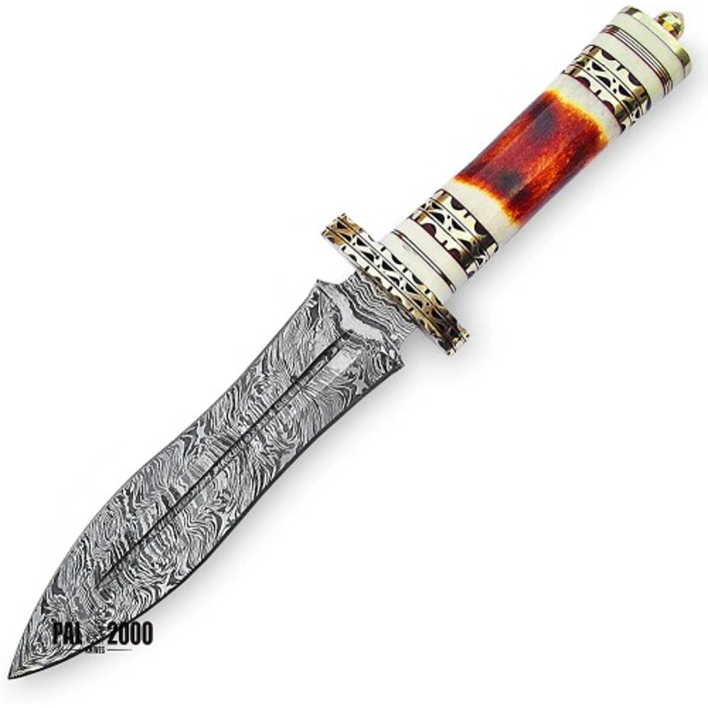 Handmade Damascus Steel Dagger Knife Bone  Brass Handle With Leather Sheathe Gift For USA Fathers Day Gift For Men 5