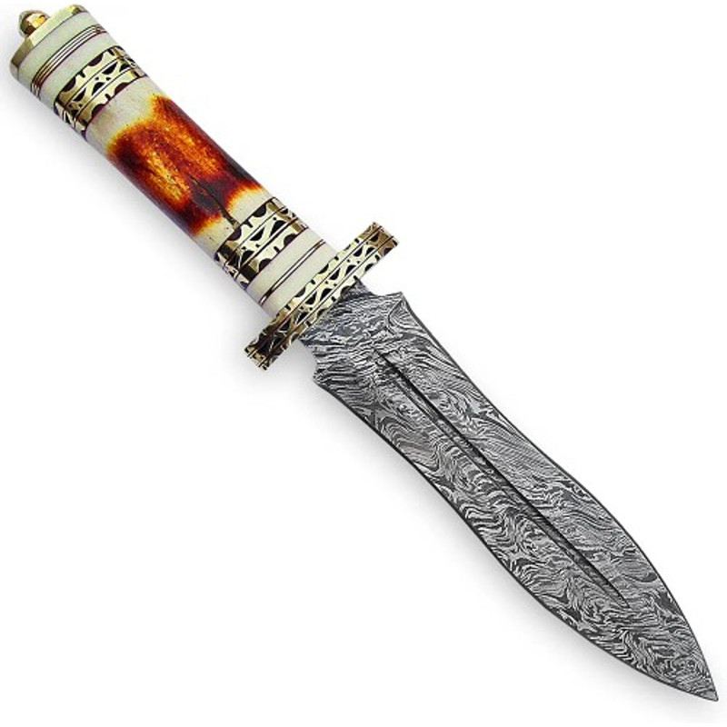 Handmade Damascus Steel Dagger Knife Bone  Brass Handle With Leather Sheathe Gift For USA Fathers Day Gift For Men 7