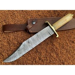 handmade damascus steel hunting knife bone & brass handle with leather sheathe gift for usa father's day gift for men