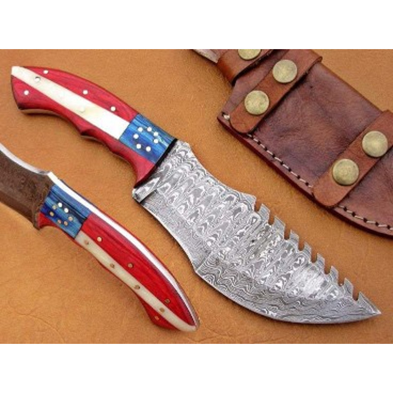 Handmade Damascus Steel Skinner Knife Tarker Knife Wood Sheathe Handle USA Flag Handle With Leather Sheathe Gift For USA 0