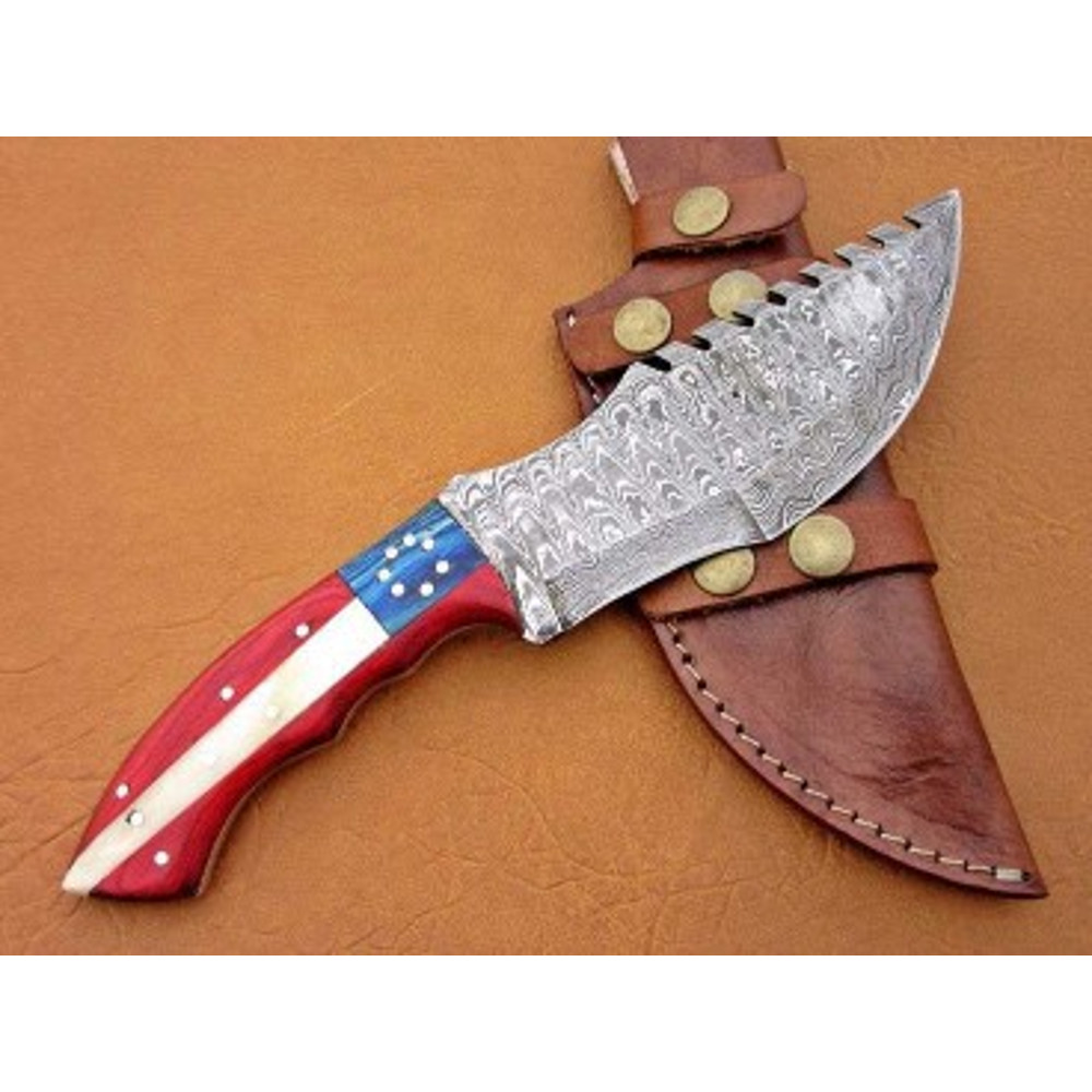 Handmade Damascus Steel Skinner Knife Tarker Knife Wood Sheathe Handle USA Flag Handle With Leather Sheathe Gift For USA 1