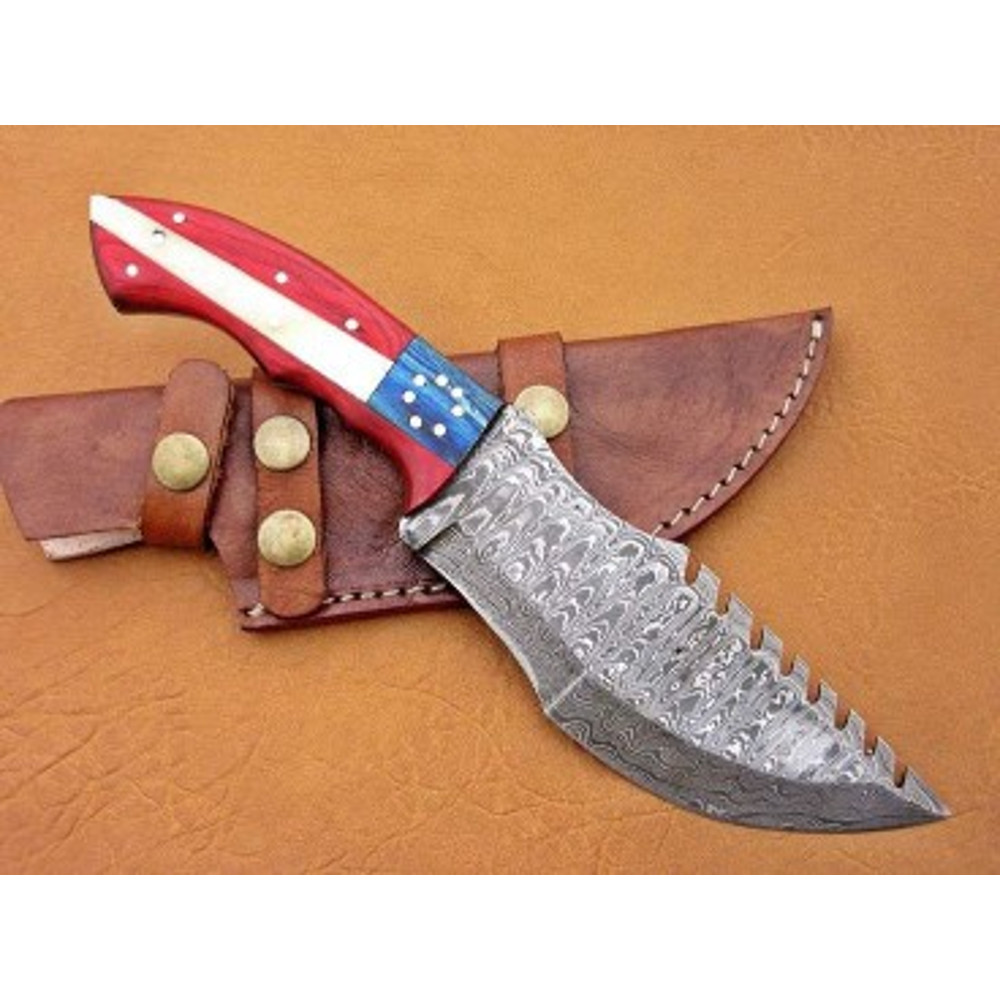 Handmade Damascus Steel Skinner Knife Tarker Knife Wood Sheathe Handle USA Flag Handle With Leather Sheathe Gift For USA 2