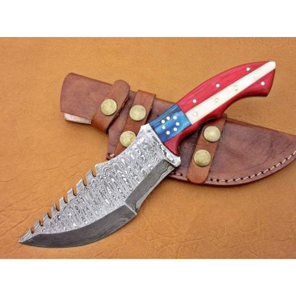 Handmade Damascus Steel Skinner Knife Tarker Knife Wood Sheathe Handle USA Flag Handle With Leather Sheathe Gift For USA 3