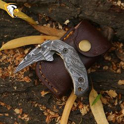 handmade damascus steel pocket knife damascus handle leather sheathe gift for usa father's day gift for men