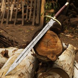 handmade damascus steel viking sword battle ready medieval sword sheathe & brass handle with leather sheathe gift