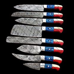 handmade damascus steel chef knife 8 pec kitchen knife camel bone, sheathe, wood handle with leather sheathe gift