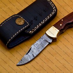 handmade damascus steel pocket knife back luck folding knife wood & brass handle with leather sheathe gift for usa
