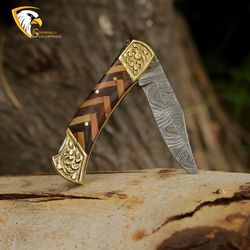 handmade damascus steel pocket knife olive wood, & brass handle with leather sheathe gift for usa father's day gift