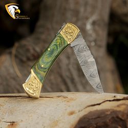 handmade damascus steel pocket knife dollar sheathe & brass handle with leather sheathe gift for usa father's day gift