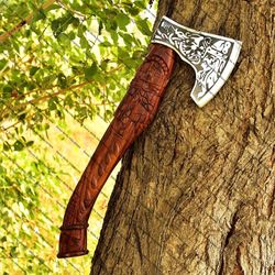 handmade carbon steel axe viking axe wood handle with leather sheathe gift for usa father's day gift for men groomsman