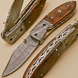 handmade damascus steel pocket knife, under luck folding knife olive wood handle with leather sheathe gift for usa
