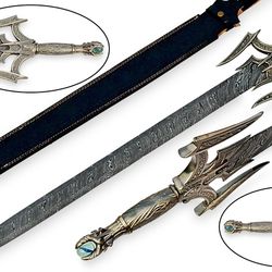 handmade damascus steel viking sword barbarian sword medieval with leather sheath gift for usa father's day gift for men