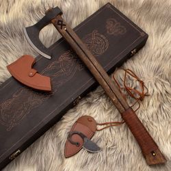 handmade carbon steel viking axe hunting small knife with wood box & with leather sheathe gift for usa father's day gift