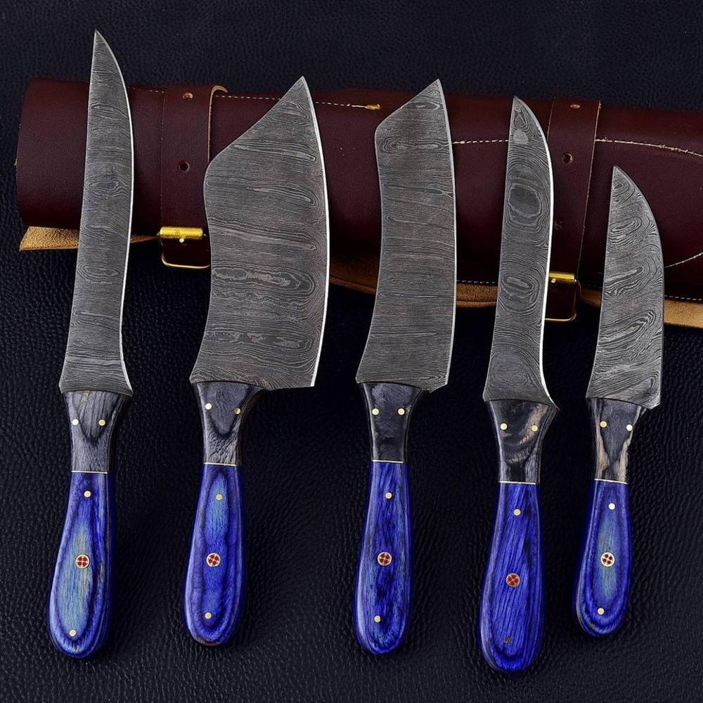 Handmade Damascus Steel Kitchen Set 5 PEC Chef Set Knife Wood Handle With Leather Sheathe Gift For USA Fathers Day Gift 2