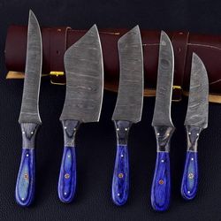 handmade damascus steel kitchen set 5 pec chef set knife wood handle with leather sheathe gift for usa father's day gift
