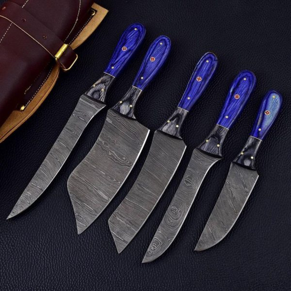 Handmade Damascus Steel Kitchen Set 5 PEC Chef Set Knife Wood Handle With Leather Sheathe Gift For USA Fathers Day Gift 3