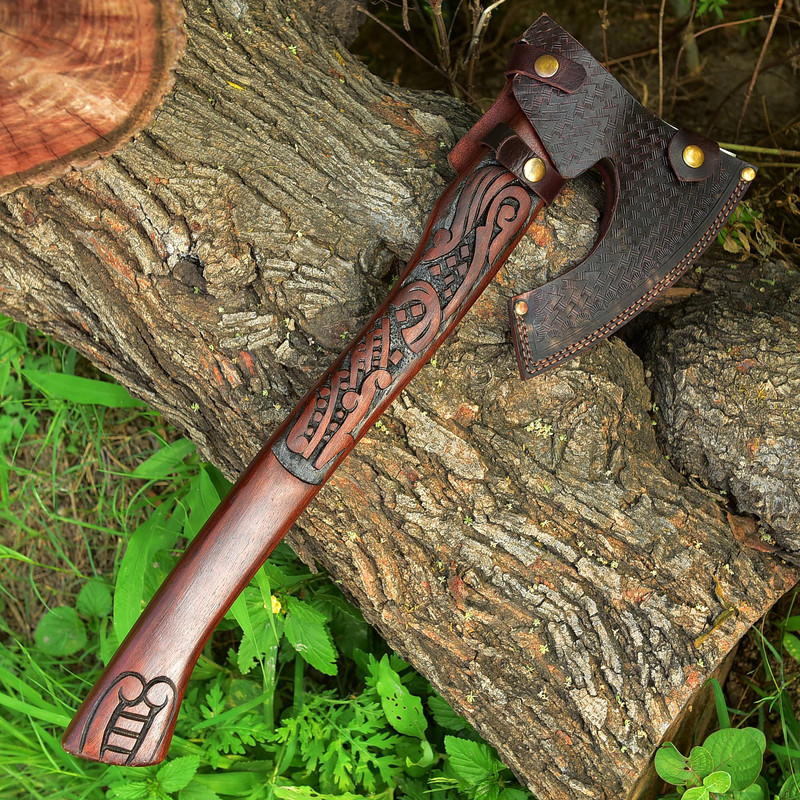 Handmade Carbon Steel Axe Viking Axe Olive Wood Handle With Leather Sheathe Gift For USA Fathers Day Gift For Men 3