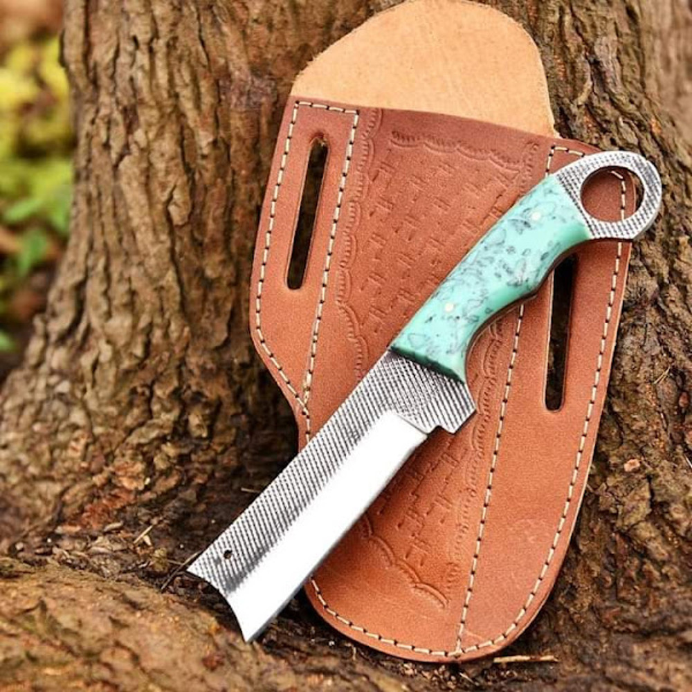 Handmade D2 Steel Cowboy Knife Bull Cutter Skinner Knife Resin Handle With Leather Sheathe Gift For USA Fathers Day 0