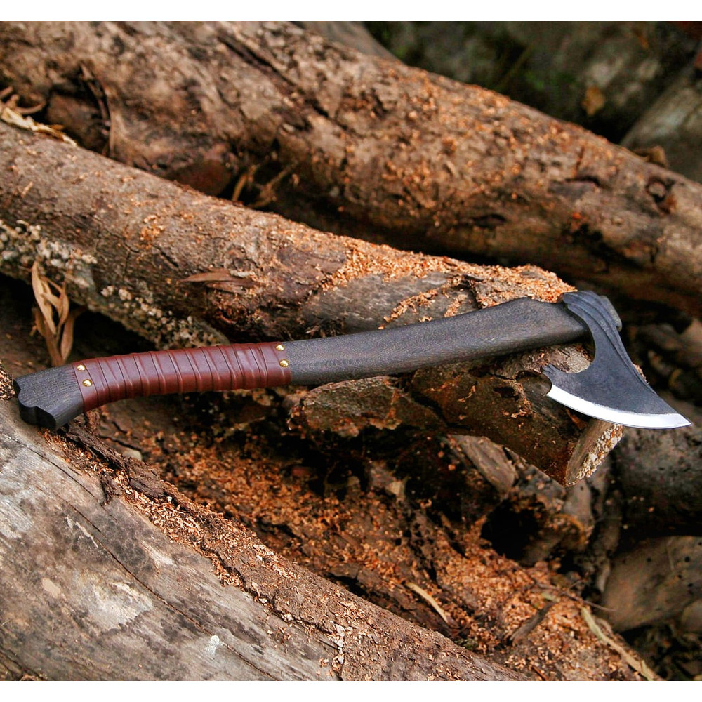 Hand Forged Celtic Axe Viking Beard AxeHand Engraved Runes Black Head Axe Brown Leather Crossed Functional Outdoor 0