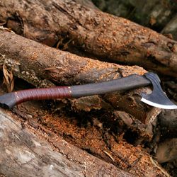 hand forged celtic axe, viking beard axe,hand engraved runes black head axe, brown leather crossed functional outdoor