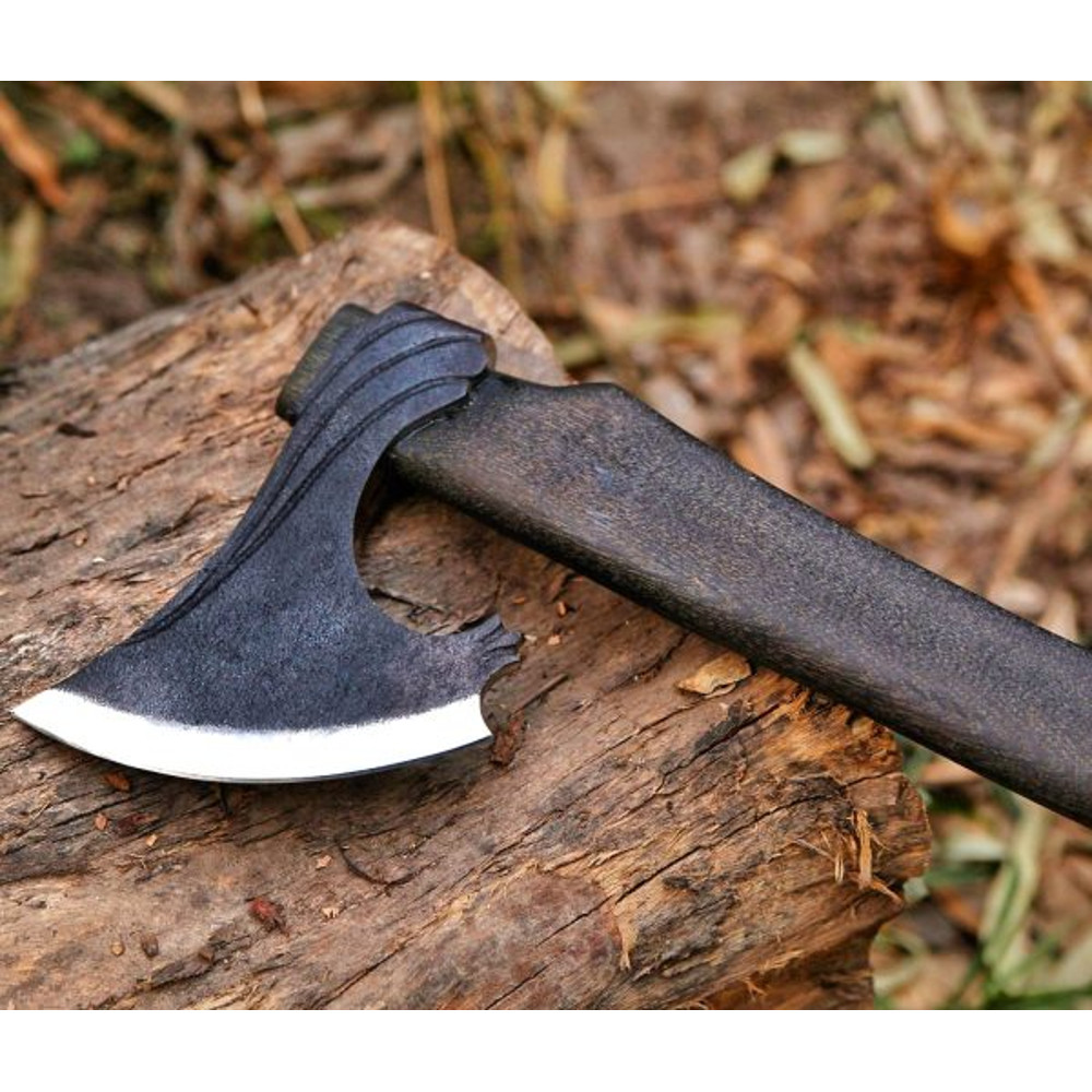 Hand Forged Celtic Axe Viking Beard AxeHand Engraved Runes Black Head Axe Brown Leather Crossed Functional Outdoor 2