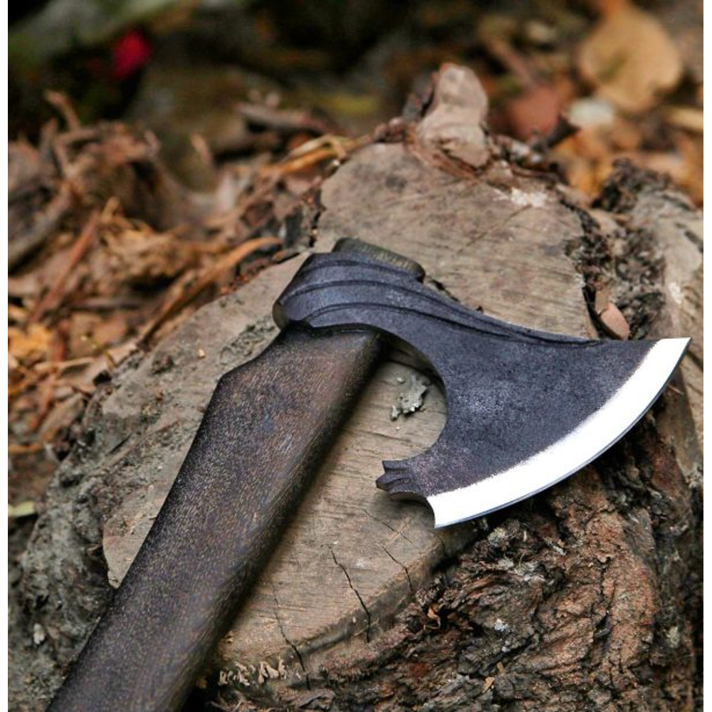 Hand Forged Celtic Axe Viking Beard AxeHand Engraved Runes Black Head Axe Brown Leather Crossed Functional Outdoor 1