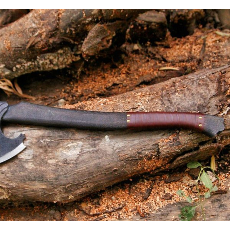Hand Forged Celtic Axe Viking Beard AxeHand Engraved Runes Black Head Axe Brown Leather Crossed Functional Outdoor 3