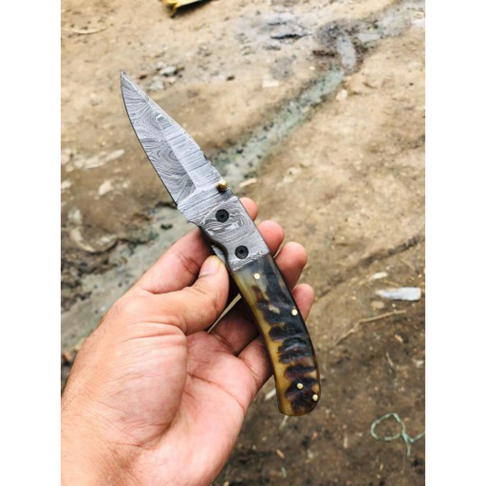 Handmade Damascus Steel Pocket Knife Stag Horn Buffalo Horn Handle With Leather Sheathe Gift For USA Fathers Day Gift 0