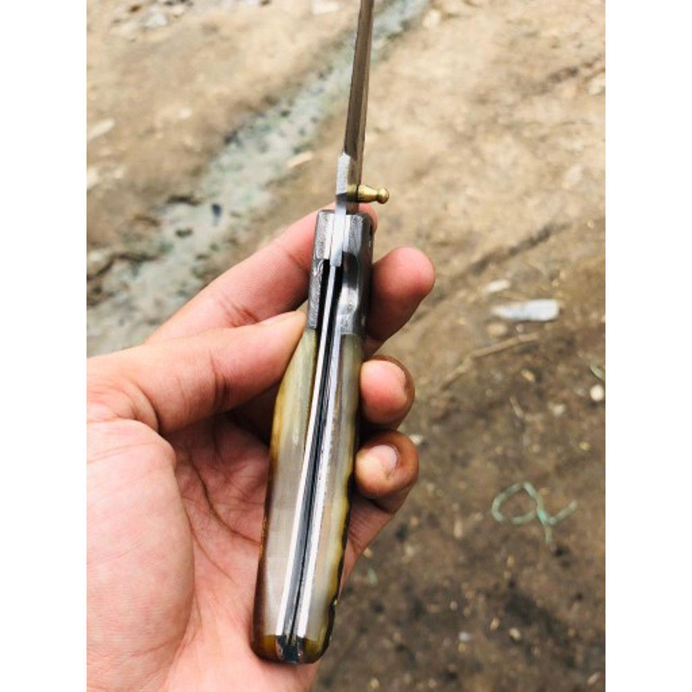 Handmade Damascus Steel Pocket Knife Stag Horn Buffalo Horn Handle With Leather Sheathe Gift For USA Fathers Day Gift 3