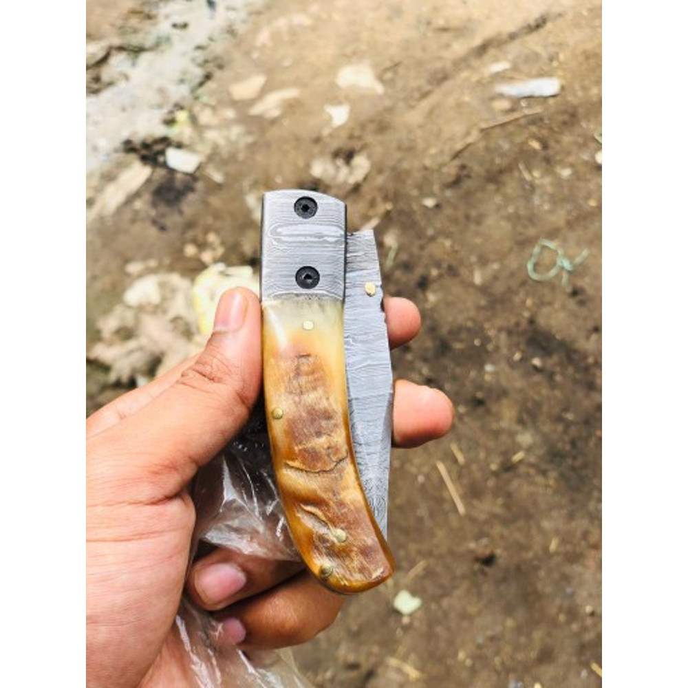 Handmade Damascus Steel Pocket Knife Stag Horn Buffalo Horn Handle With Leather Sheathe Gift For USA Fathers Day Gift 6