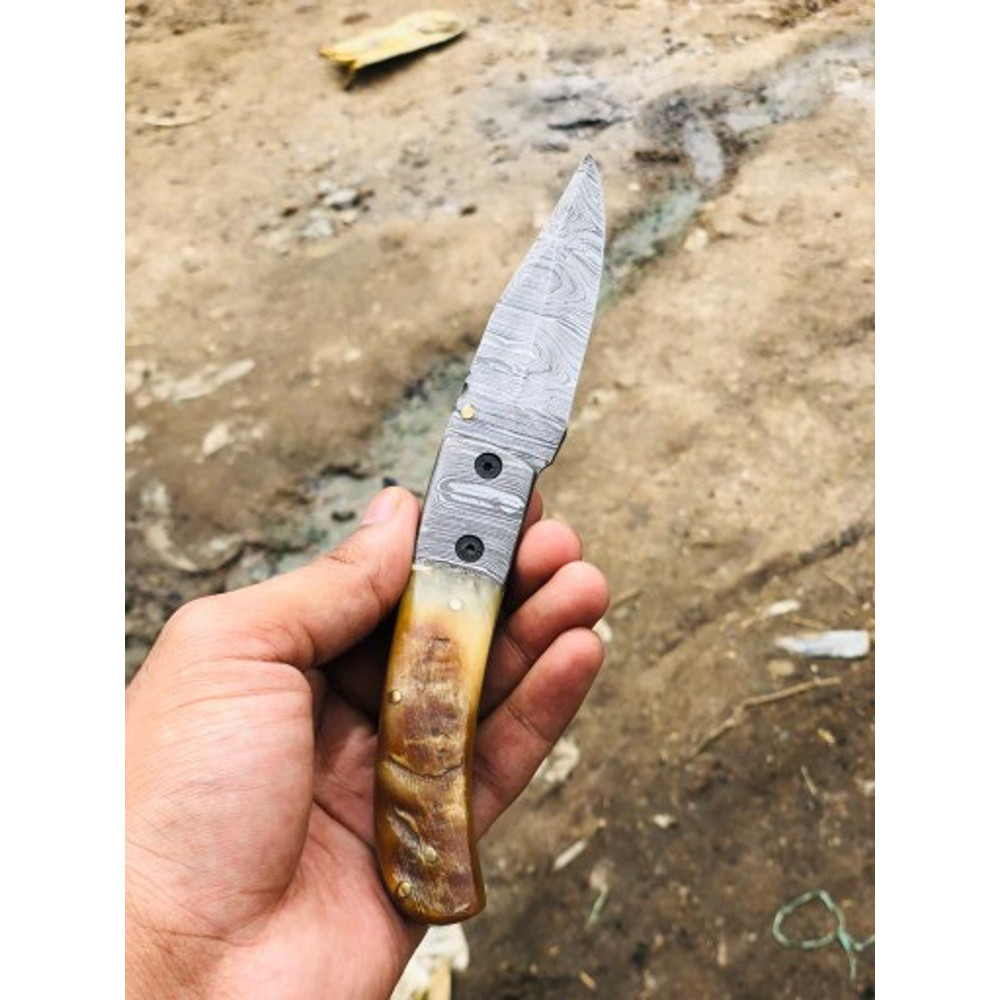 Handmade Damascus Steel Pocket Knife Stag Horn Buffalo Horn Handle With Leather Sheathe Gift For USA Fathers Day Gift 1