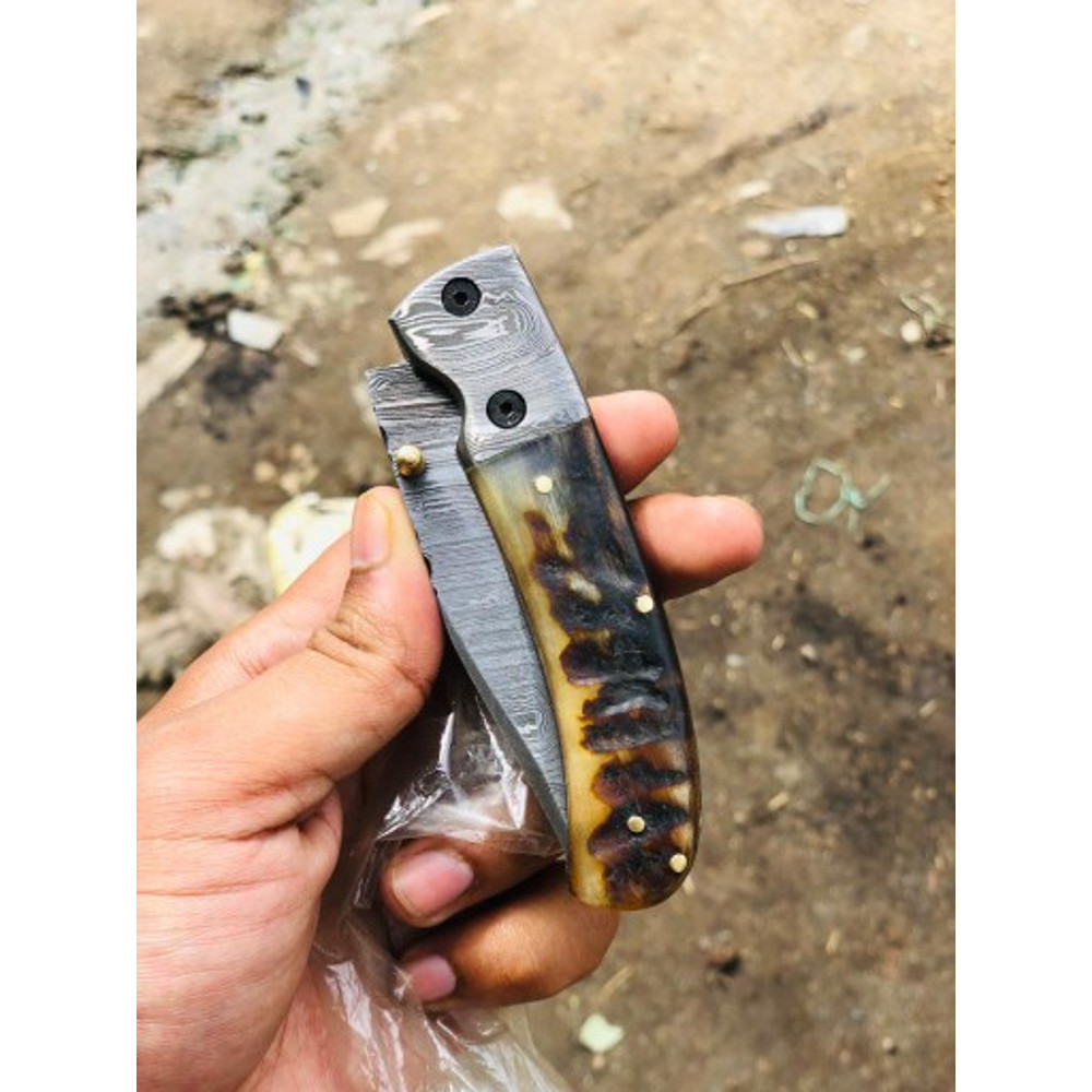 Handmade Damascus Steel Pocket Knife Stag Horn Buffalo Horn Handle With Leather Sheathe Gift For USA Fathers Day Gift 4