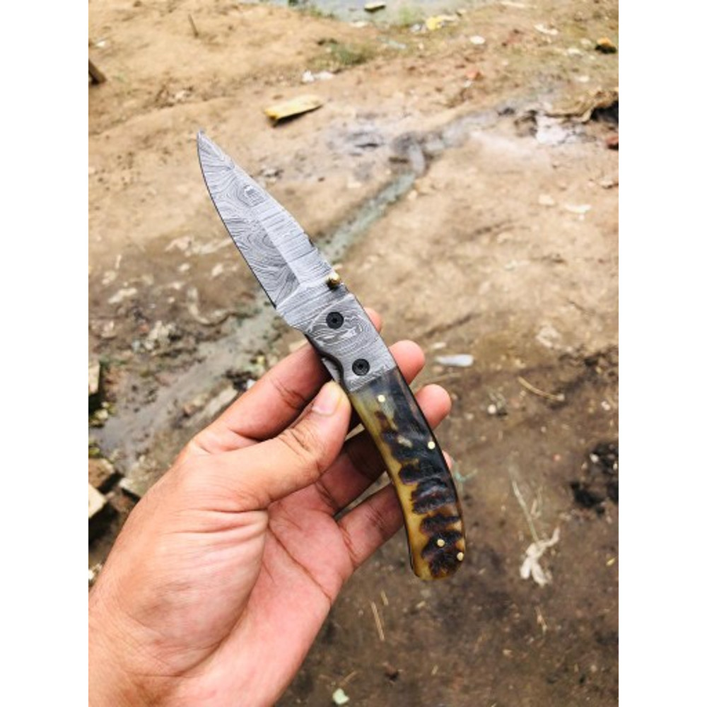 Handmade Damascus Steel Pocket Knife Stag Horn Buffalo Horn Handle With Leather Sheathe Gift For USA Fathers Day Gift 5